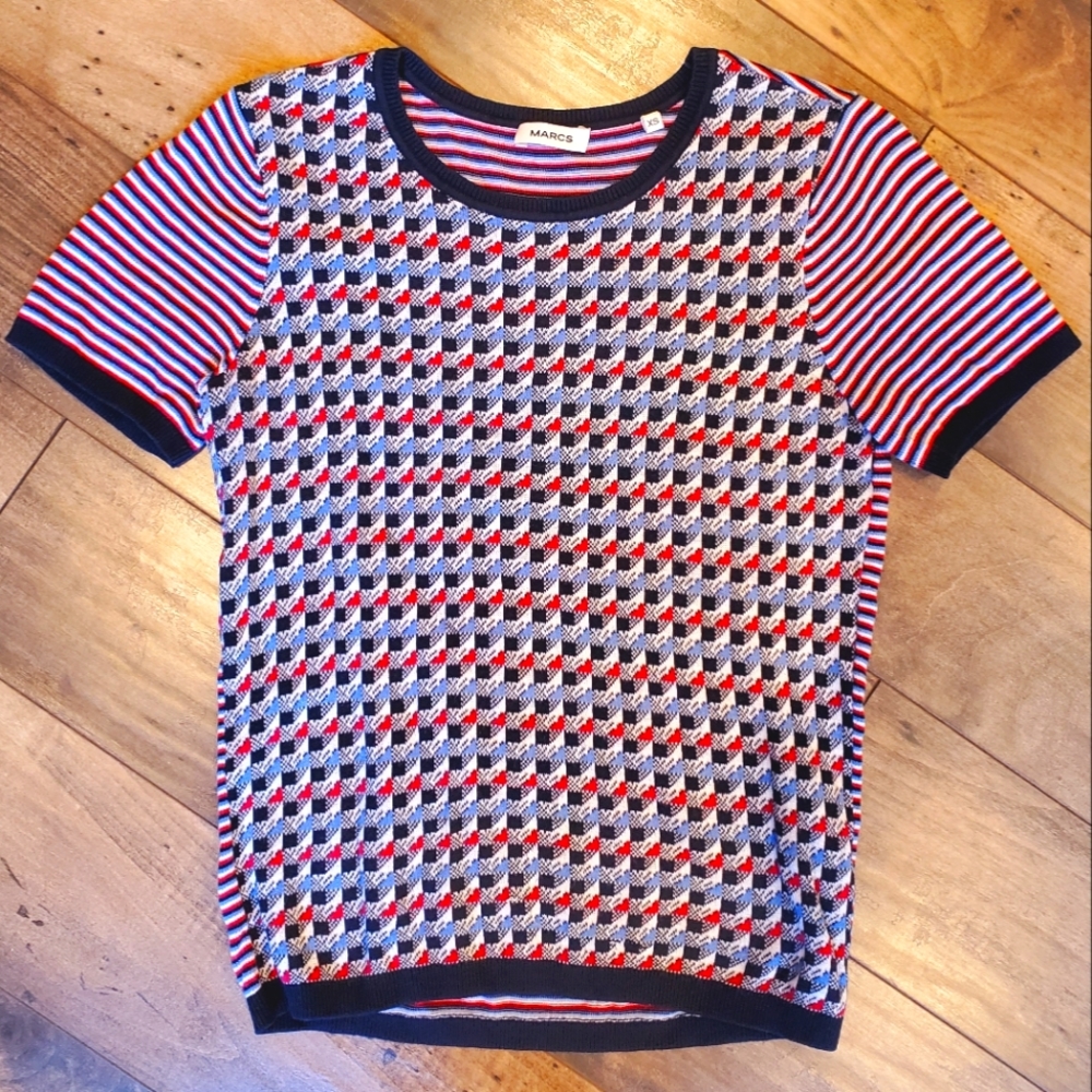 Marcs Blue & Red Geometric Stripe knit top